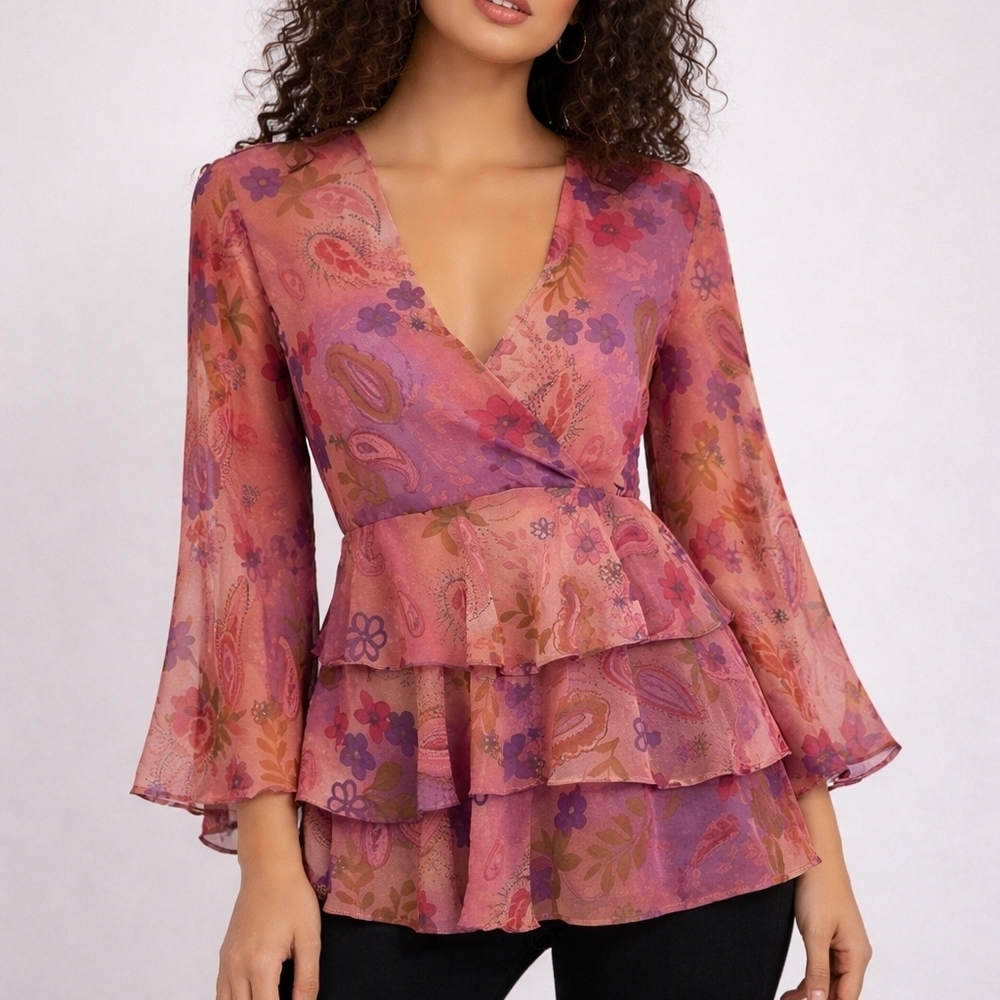 OH! MAMMA Floral Chiffon Ruffle Tie Back Flare Sleeve Fairycore Castlecore Top